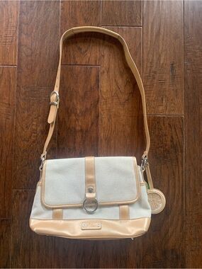 STONE MOUNTAIN GOLD LEATHER AND CANVAS SHOULDER BAG